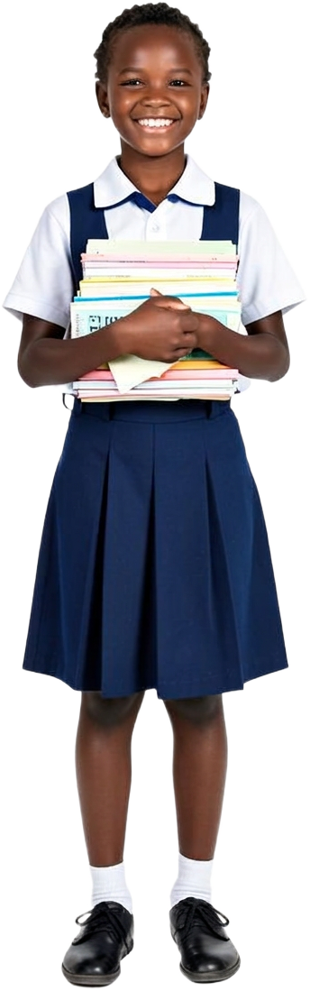 Smiling student in school uniform holding a stack of books